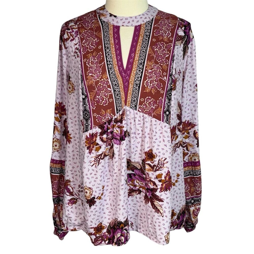 Maurices Women's L Purple Floral Boho Peasant Blouse Long Sleeve - Picture 3 of 9